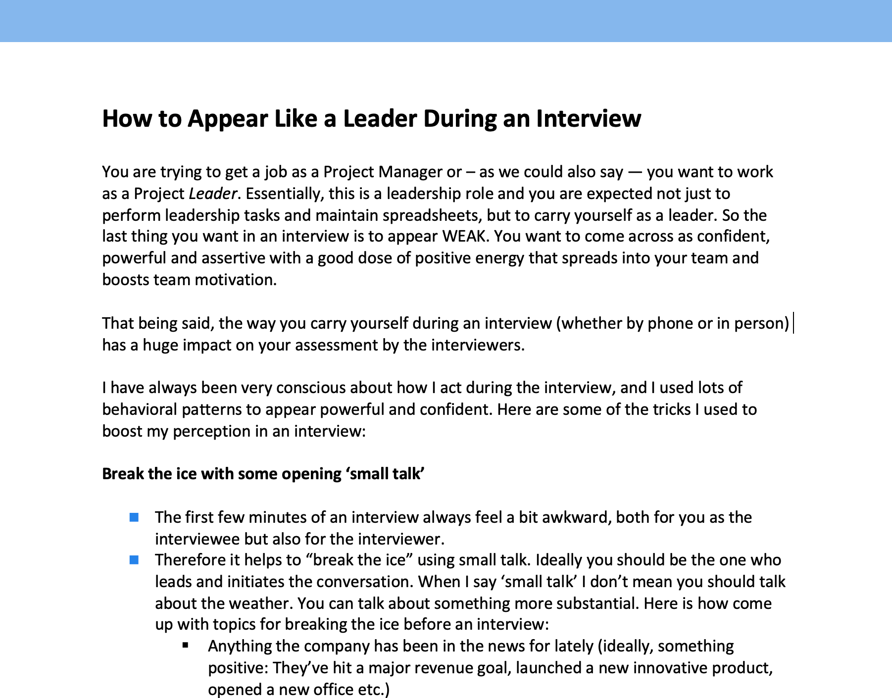 Screenshot from chapter 1 of the project management interview guide: this chapter teaches you how to act like a leader during the interview
