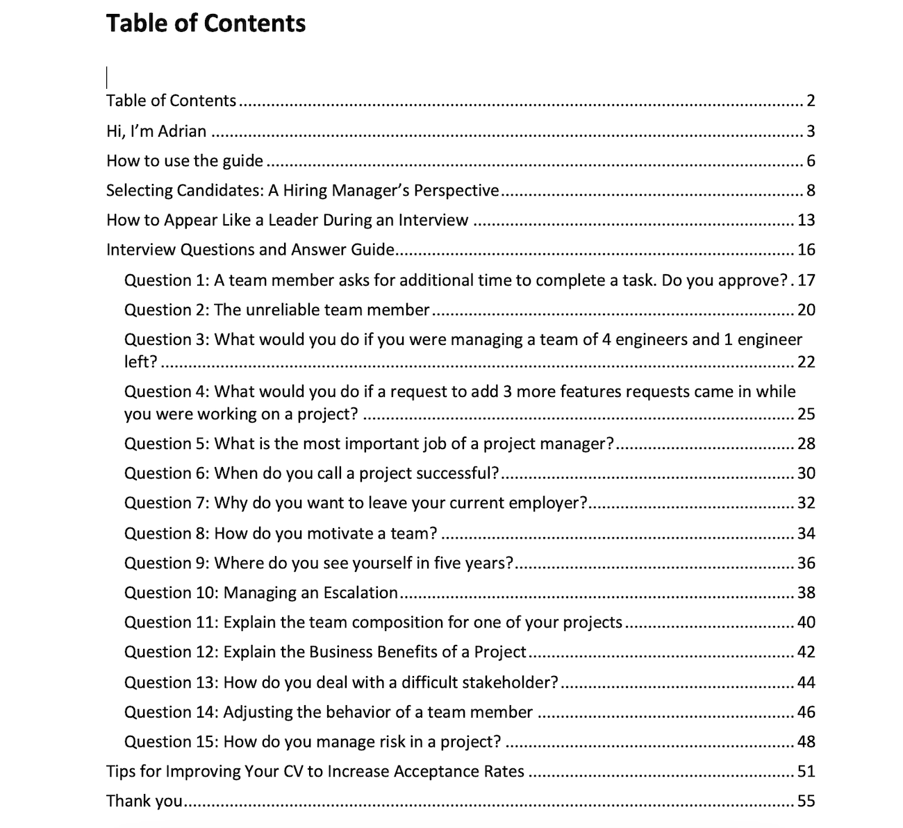 Table of contents from the project manager interview and answer guide