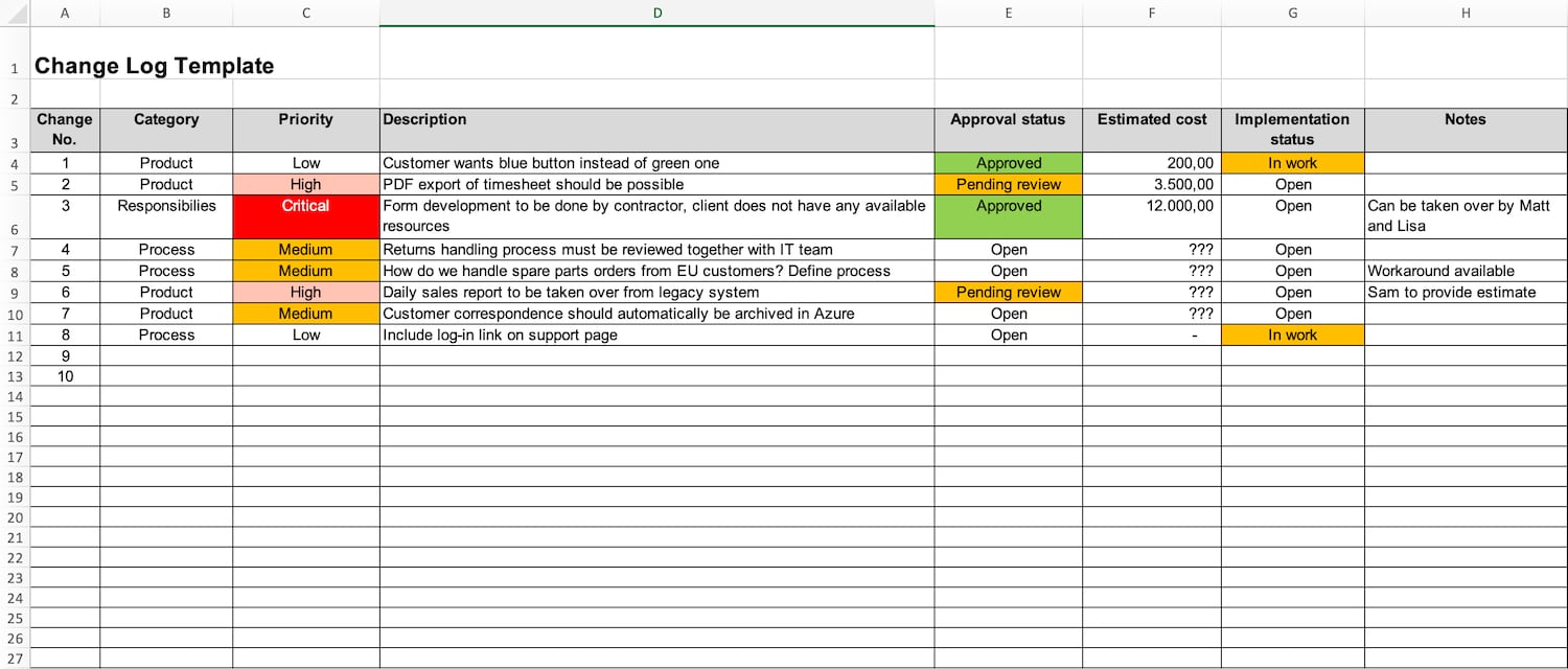 Use the change log template to record change requests in projects along with all essential information.