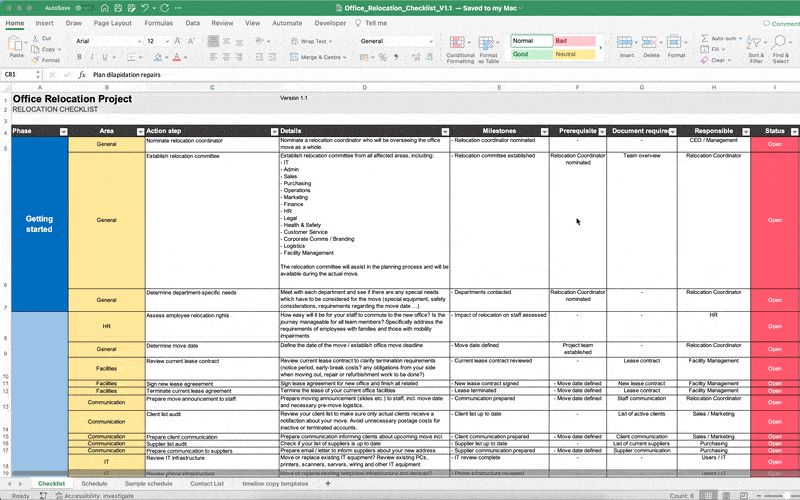 Scrolling through the office relocation checklist