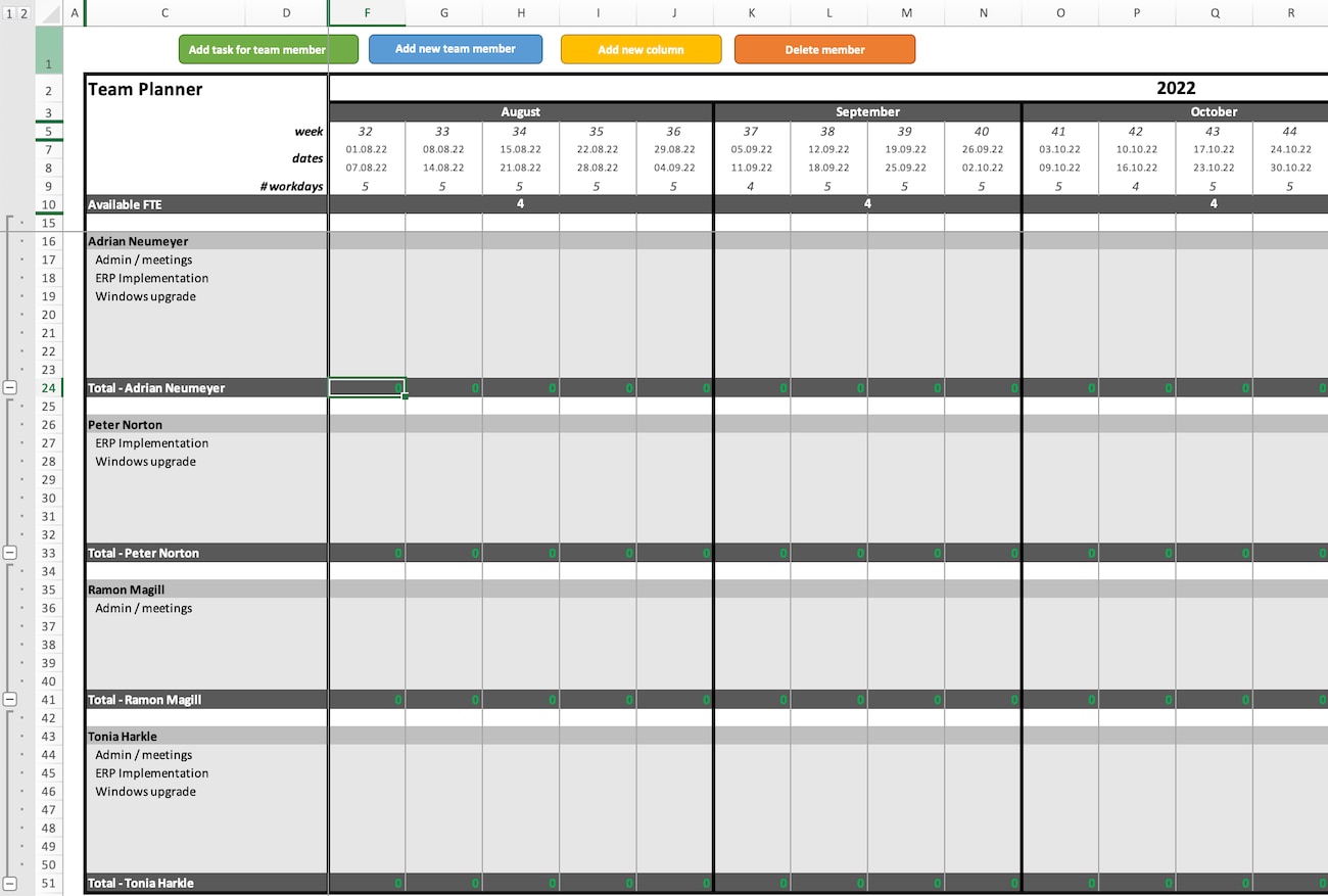 Image of blank Excel planner sheet for resource utilization monitoring
