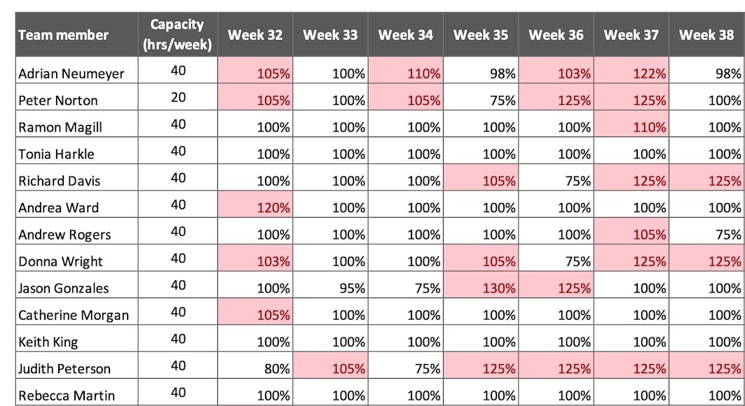 Image shows Excel table with resource utilization rates for the entire team.