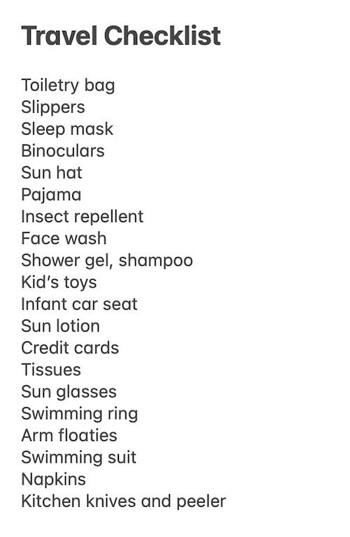 Screenshot of my travel checklist, or travel packing list.