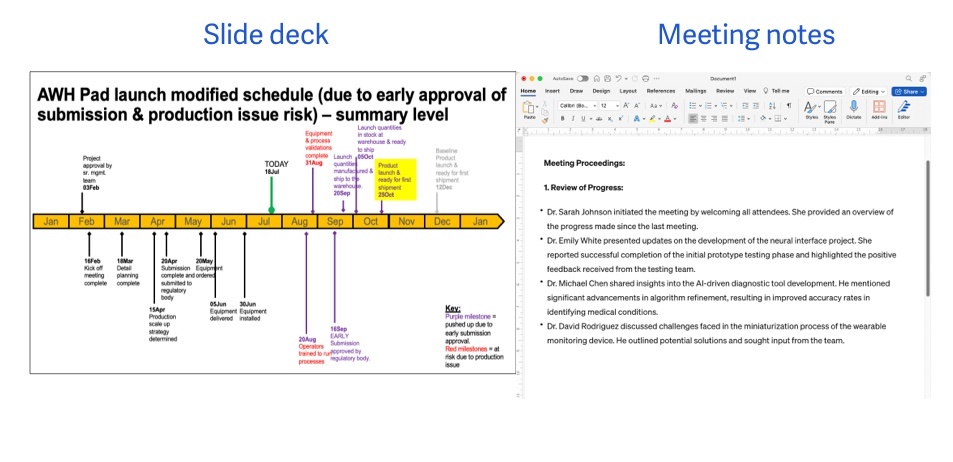 Image of a PowerPoint deck and meeting notes. The image shows how you can take notes live while you are going through a presentation.